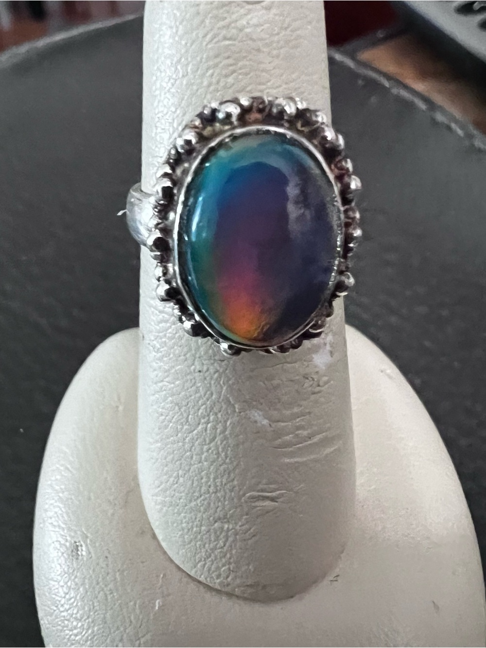 Silver Rainbow Opal Oval Ring - Multicolor